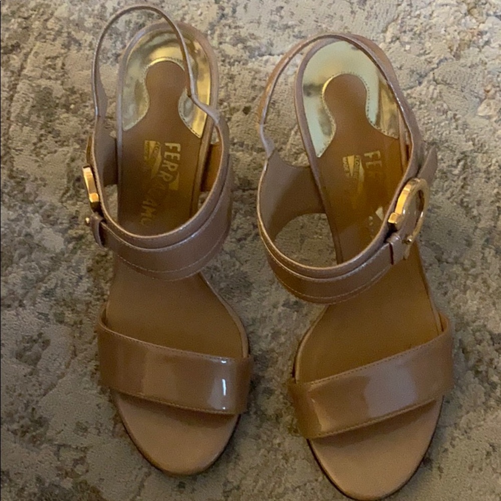 Salvatore Ferragamo patent sandal heels.